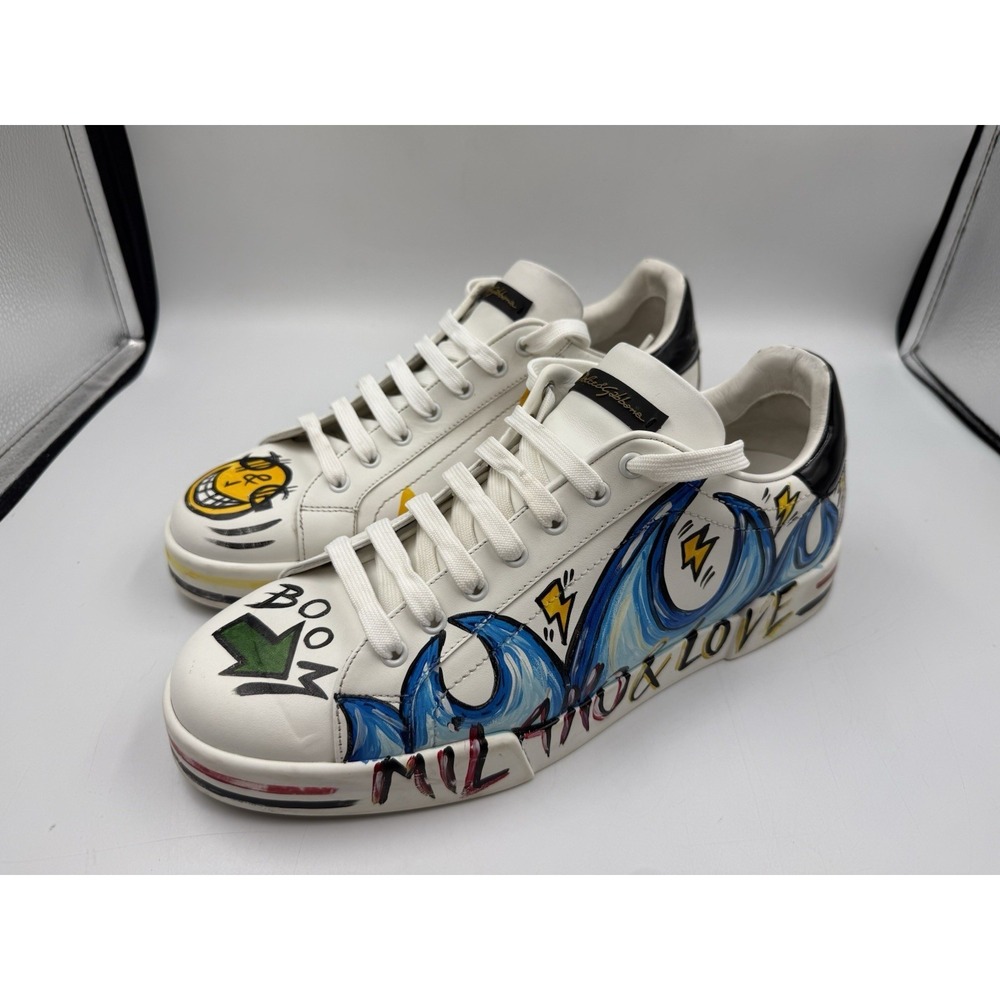 Dolce & Gabbana Portofino Graffiti Sneakers White Leather Men Size 10 US 11 - Picture 2 of 16